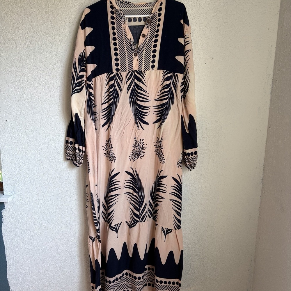 100% Cotton Made In Turkey Cream And Navy Long Bohemian Caftan Dress Size Medium
